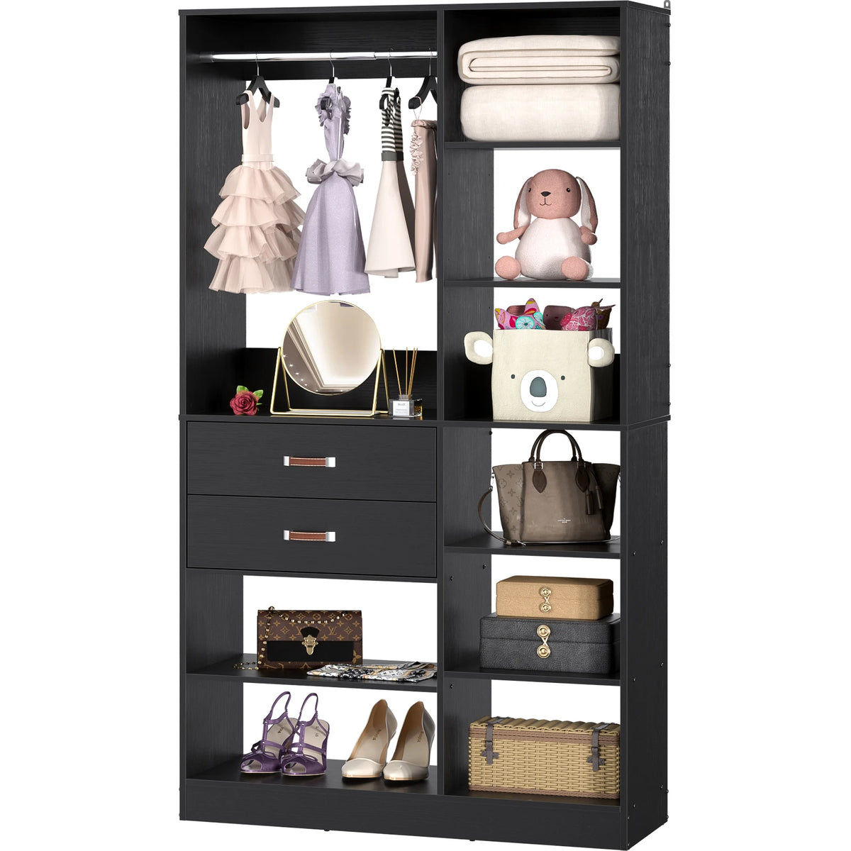 40 Inches Freestanding Closet System with 10 Shelves, 80'' Height Adjustable Cloth Garment Rack with 2 Wood Drawers