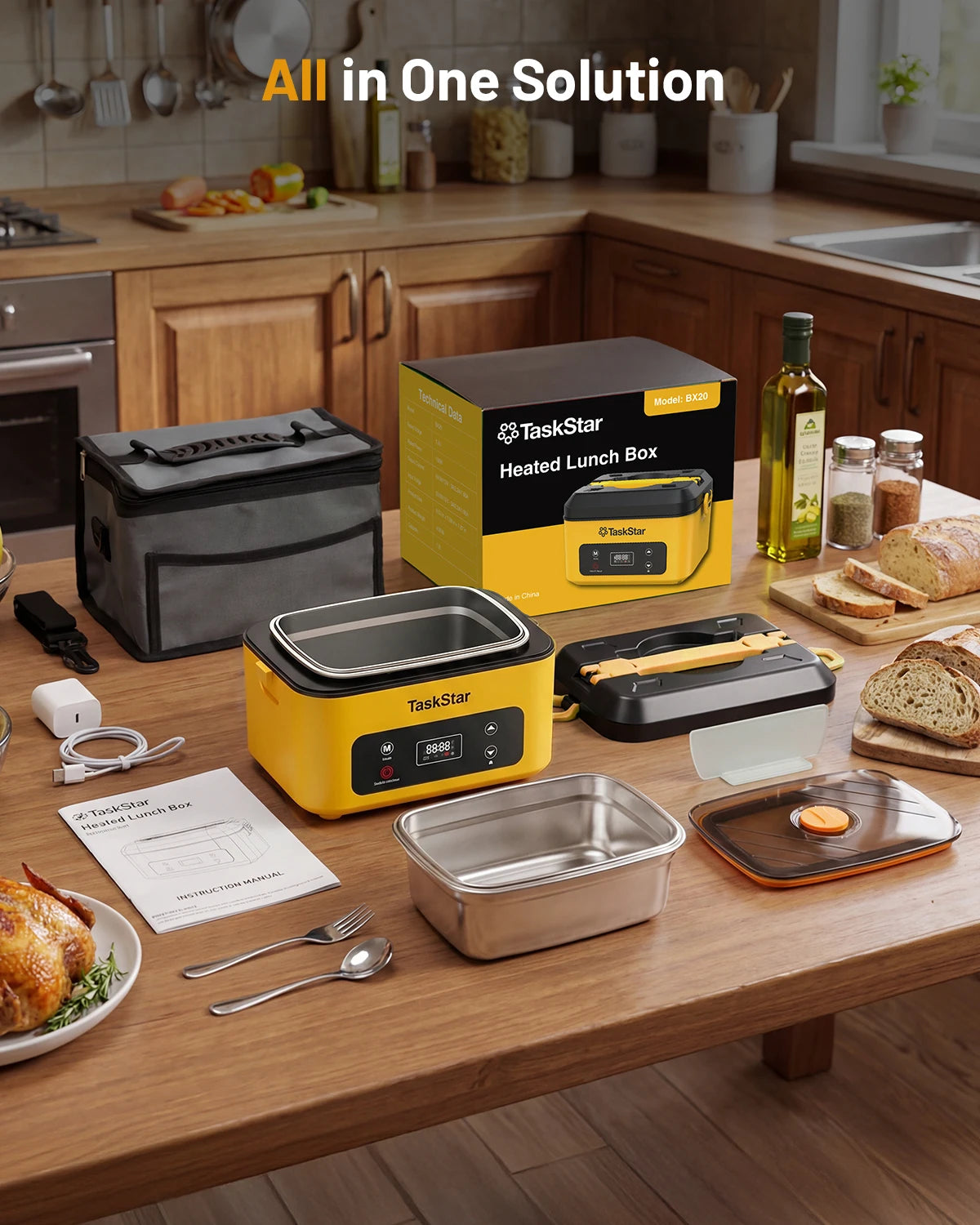 TaskStar Electric Lunch Box 1.2L Cordless Food Warmer with Timer & Custom Heated, Cold Reheat Portable Bento Box for Outdoor Camping Office School, Usable As Phone Power Bank