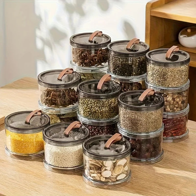 2Pcs Three-Layer Round Spice Storage Box, Grain Storage Jar, Pepper And Seasoning Container, Multi-Layer Transparent Sealed Preservation Box, Made of Food-Grade Material, Reusable Container, Suitable for Grains, Cereals, Snac