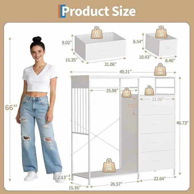 Adult Bedroom Wardrobe 6 Drawers LED Lighting Charging Station Sturdy Iron Frame Wooden Surface Clothes Wardrobe