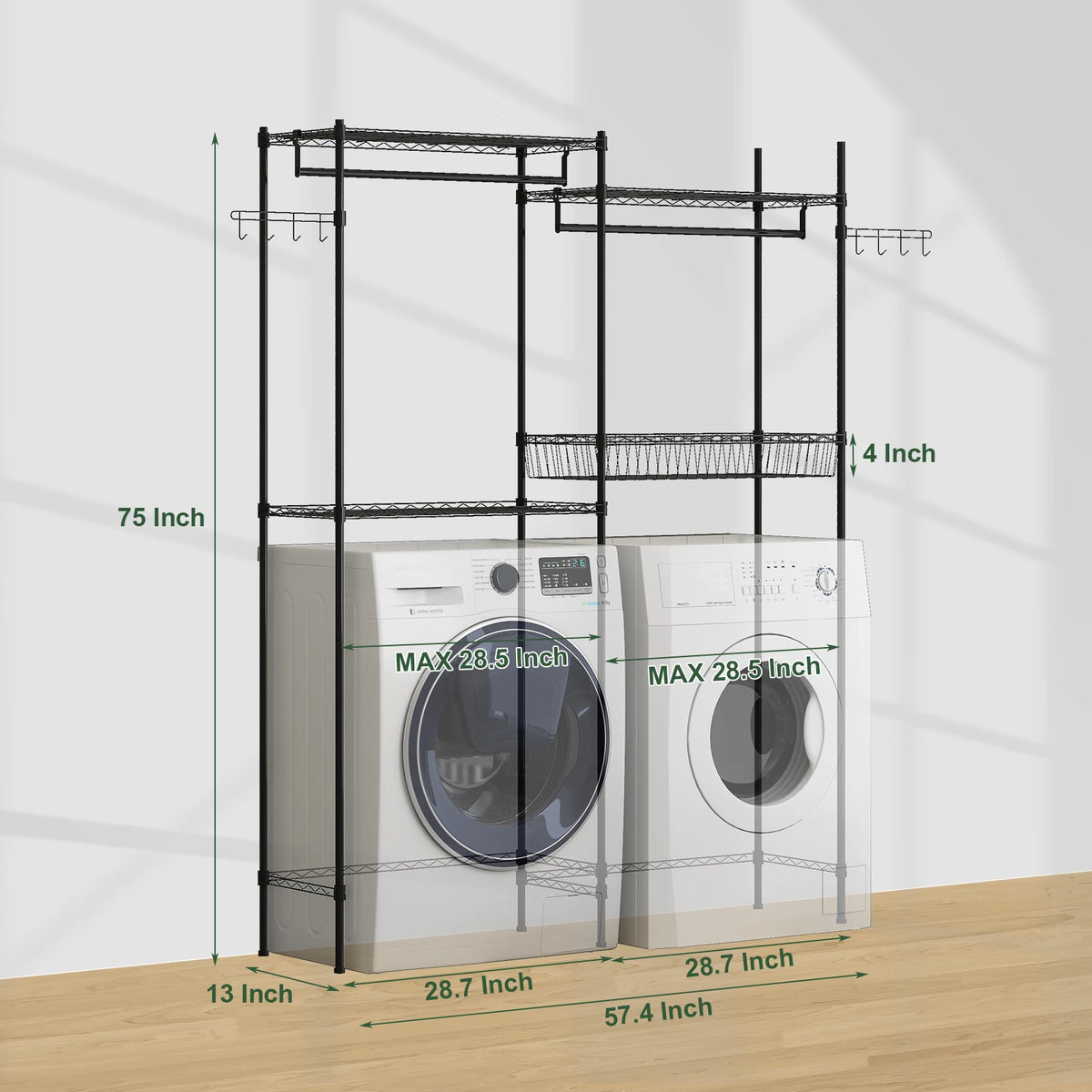 4-Tier Laundry Organizer Shelves Over The Washer and Dryer Storage Shelf Adjustable Laundry Organizer with Hanging Rod Wire Basket Hooks & Hamper