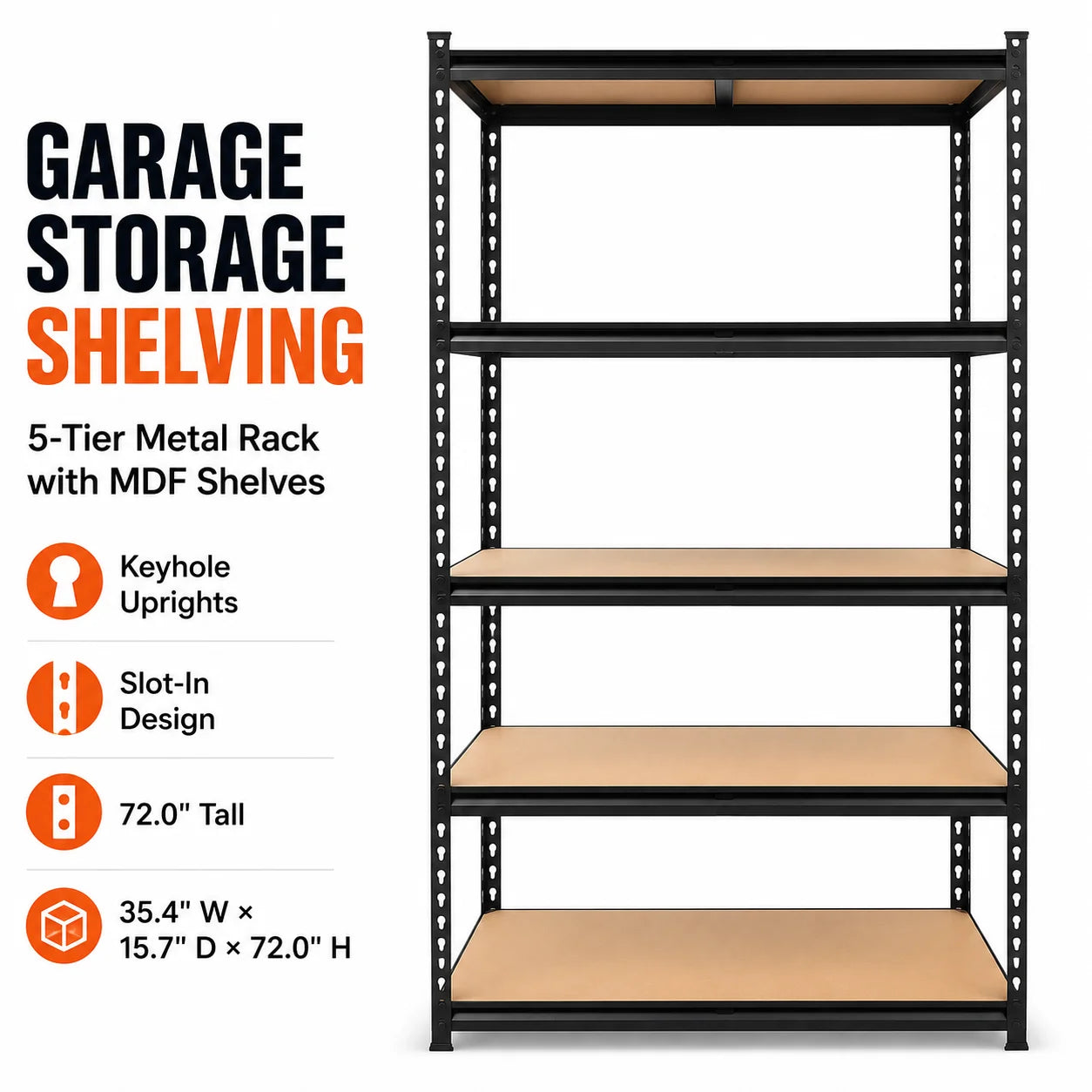 5-Tier Storage Shelving Unit Heavy Duty Metal Rack with Screws and MDF Boards, Adjustable Utility Organizer for Garage Warehouse Pantry (35.4" W x 15.7" D x 72.0" H)