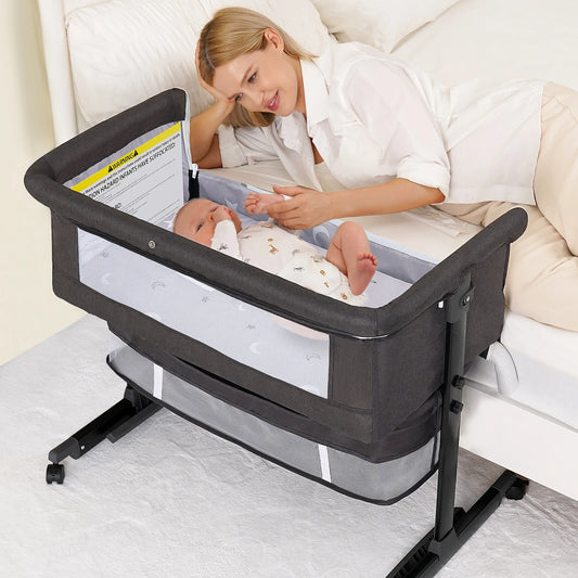 Baby Bedside Bassinet, Height‑Adjustable Co‑Sleeper Bedside Crib with Mosquito Canopy, Sturdy I‑Shape Frame Portable Baby Bassinet with Storage Pocket & Lockable Wheels for Newborn Infant, 3‑Color Available Pink / Lig