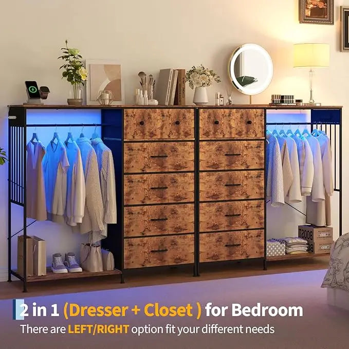 Adult Bedroom Wardrobe 6 Drawers LED Lighting Charging Station Sturdy Iron Frame Wooden Surface Clothes Wardrobe