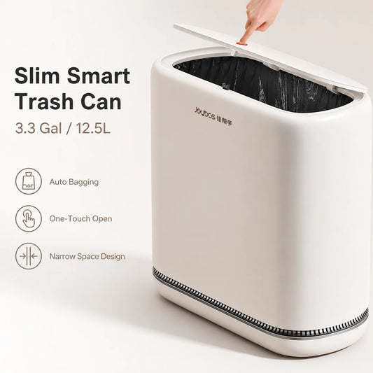 Joybos 3.3 Gallon Slim Trash Can For Bathroom, Auto-Bagging & One-Press Lid, 12.5L Large Waste Bin For Narrow Gap, Modern Hands-Free Garbage Pail For Bedroom Office