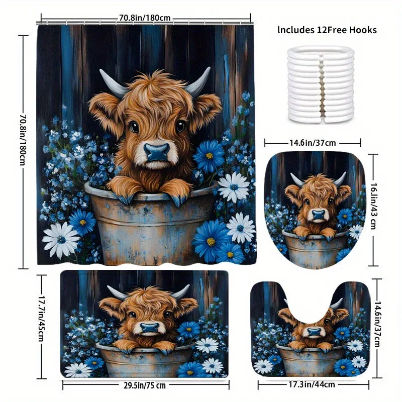 4pcs Highland Cow Scottish Cow Bathroom Set - Blue Flower & Rustic Farmhouse Shower Curtain with Includes 12 hooks, shower curtain, bath mat, U-shaped rug, and toilet lid cover