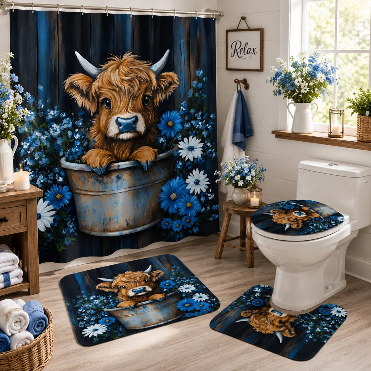 4pcs Highland Cow Scottish Cow Bathroom Set - Blue Flower & Rustic Farmhouse Shower Curtain with Includes 12 hooks, shower curtain, bath mat, U-shaped rug, and toilet lid cover