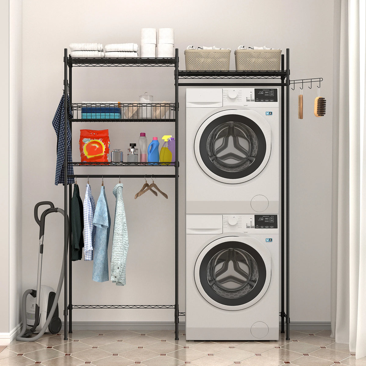 4-Tier Laundry Organizer Shelves Over The Washer and Dryer Storage Shelf Adjustable Laundry Organizer with Hanging Rod Wire Basket Hooks & Hamper