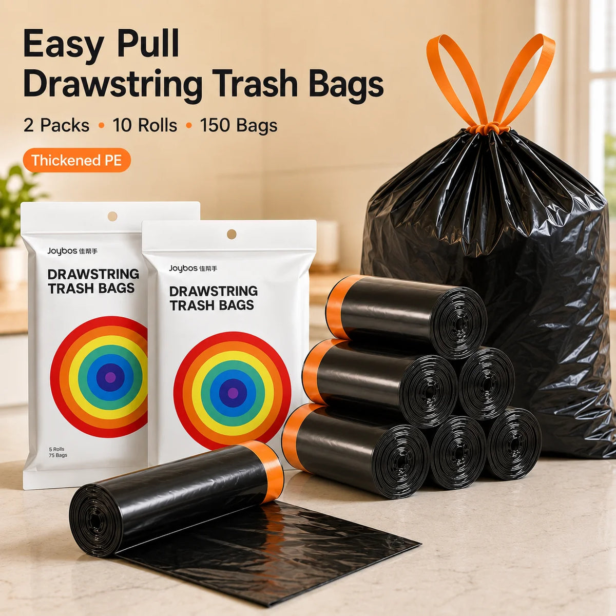 Joybos Easy Pull Drawstring Trash Bags, 2 Packs 150 Count