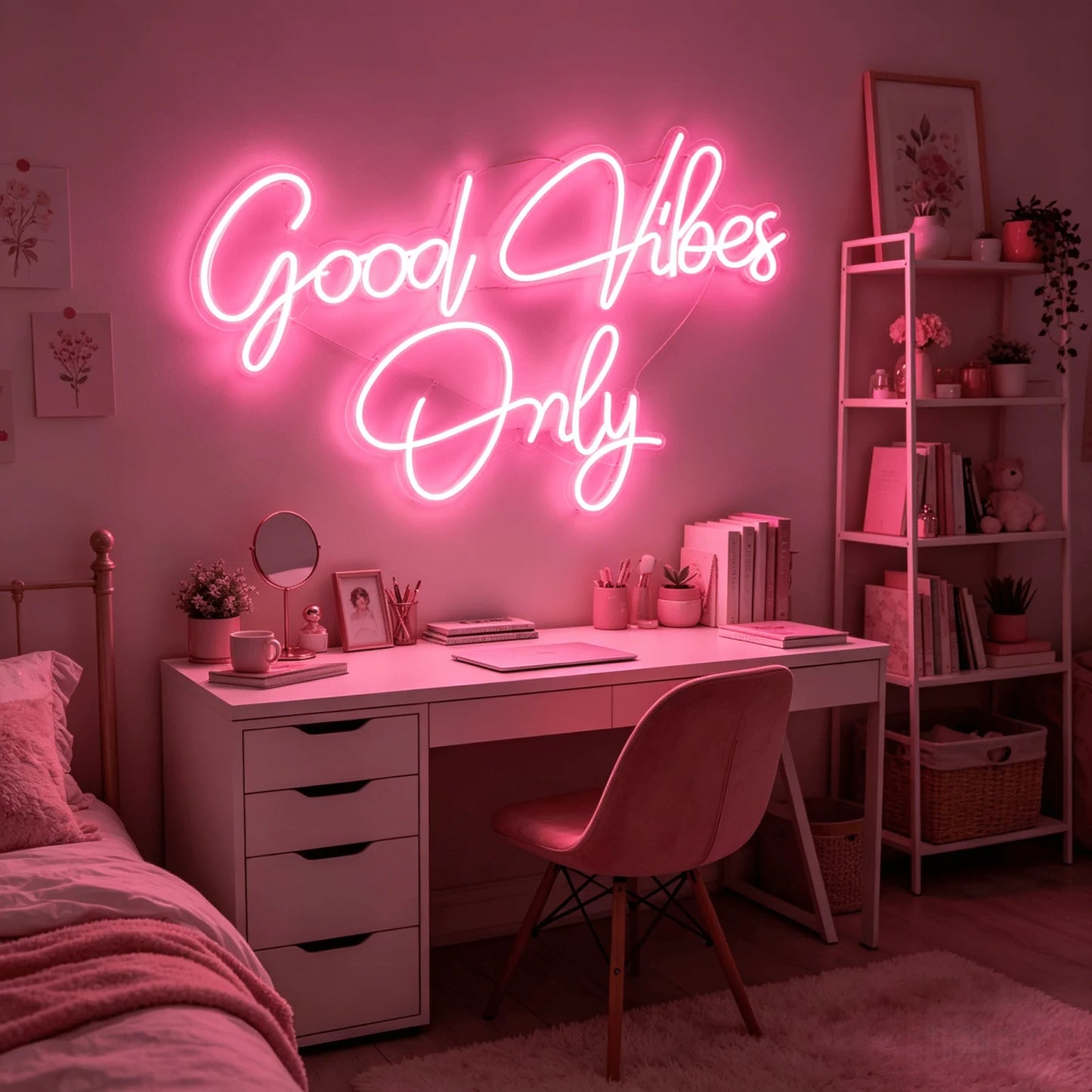 Good Vibes Only Neon Sign, Pink LED Neon Light for Wall Decor, Aesthetic Room Decor for Bedroom, USB Powered