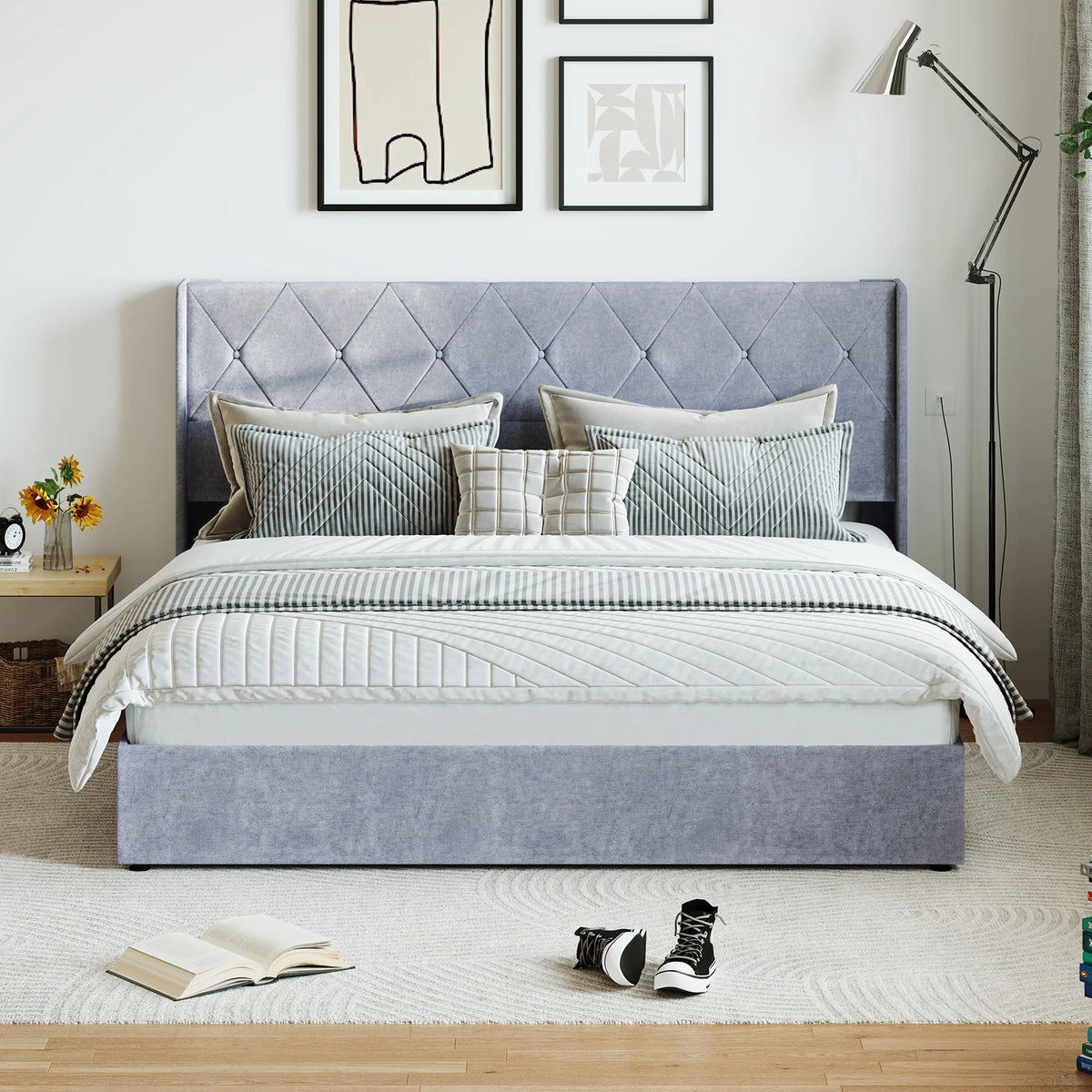 JHK Lift Up Storage Bed Modern Upholstered Platform Bed Frame with Wingback Headboard Hydraulic Lift Storage No Box Spring Needed Easy Assembly For Bedroom