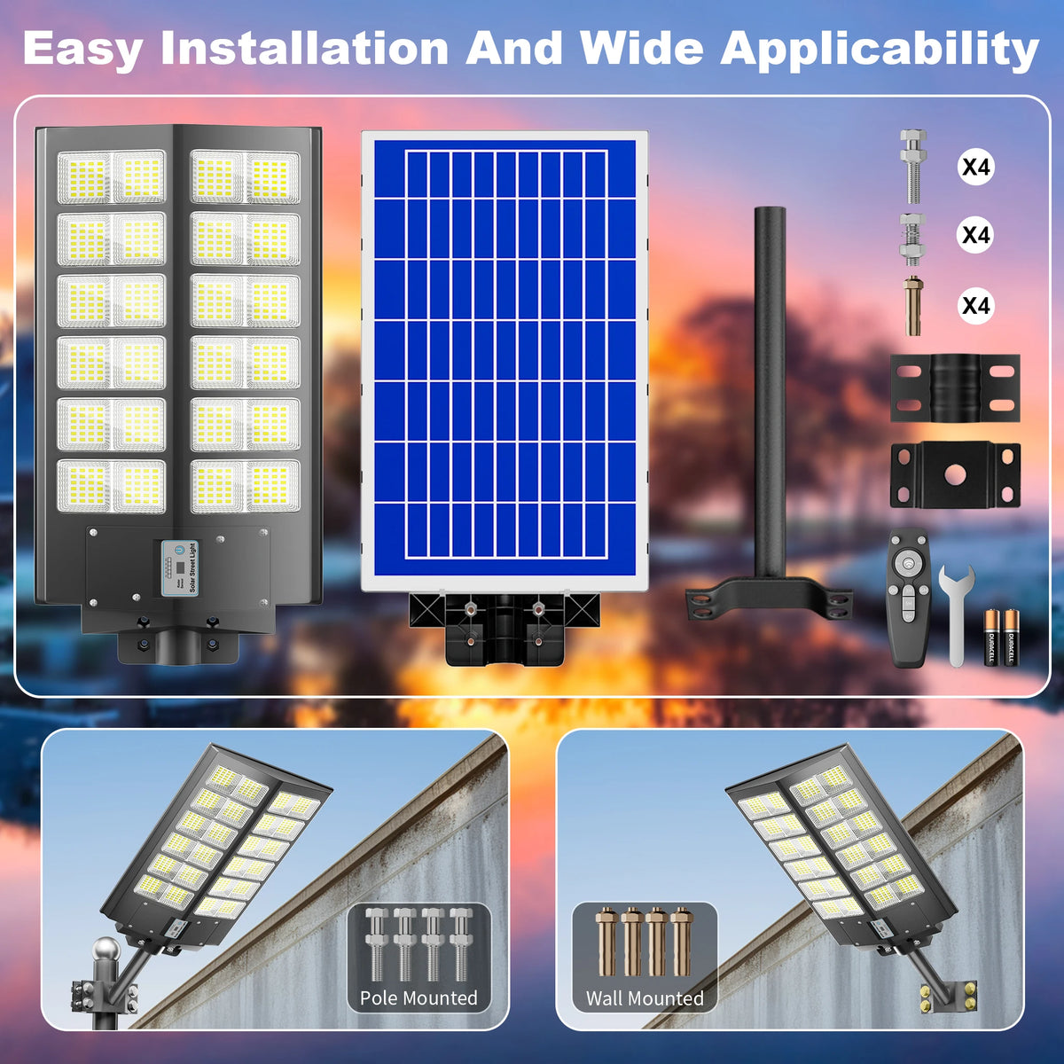 1-Pack 6000W Solar LED Flood Light, Solar Street Light with Motion Sensor & Remote Control, Dusk-to-Dawn Auto On/Off, 3 Brightness Modes, IP65 Waterproof, Easy Installation, Ideal for Yard, Patio, Basketball Court, Parking Lo