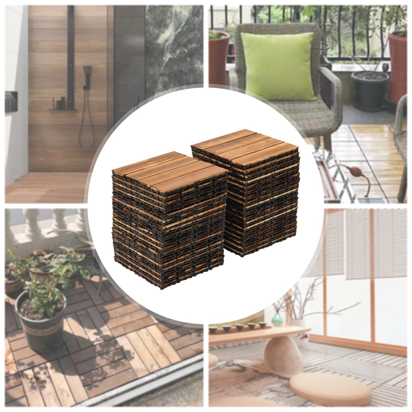 36-Pack 30x30 cm Acacia Mosaic Wood Deck Tiles, Brown Hardwood Interlocking Flooring Suitable for Outdoor Garden,Lawn & Backyard