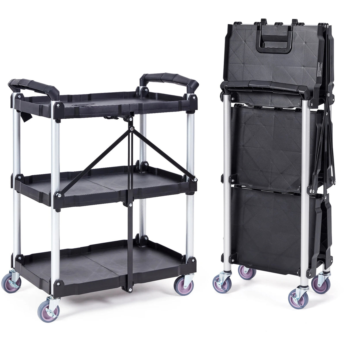 SucceBuy 3 Tier Folding Rolling Utility Cart Storage Shelf Movable Gap Rack Serving Cart Slide Organizer for Kitchen Bathroom