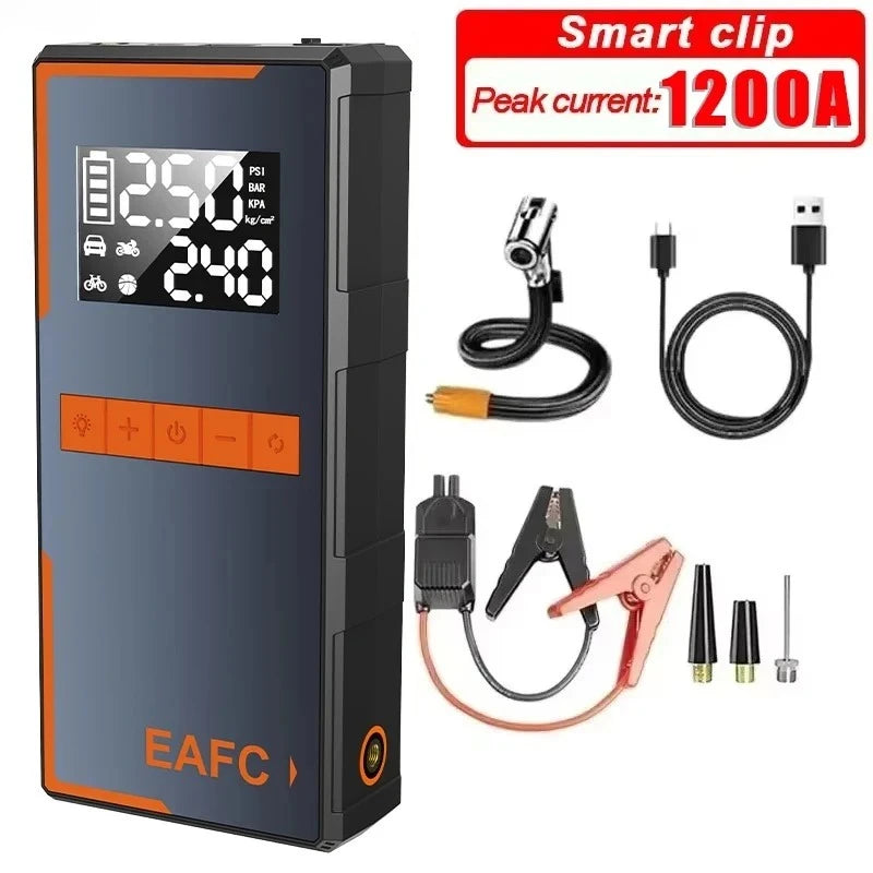 EAFC 4 In 1 Jump Starter Air Pump Power Bank Air Compressor LED Lighting 1200A Starter 150PSI Inflatable Pump Battery Booster