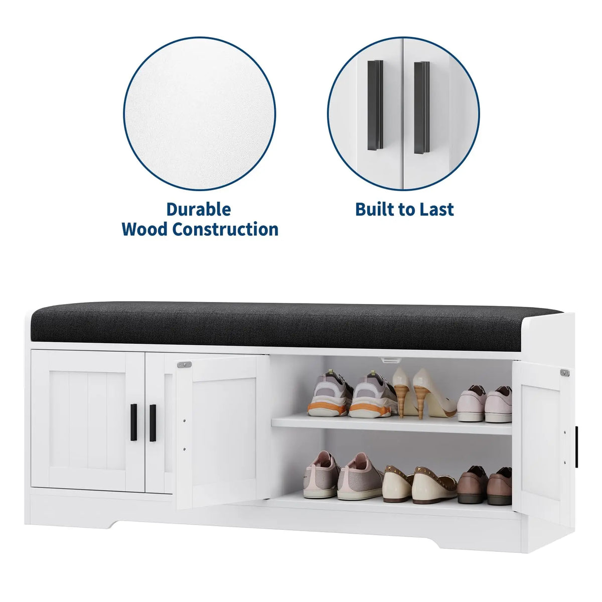 45" Storage Bench With Padded Cushion, 4 Door Hidden Shoe Cabinet, 2 Tier Entryway Bench For Hallway Living Room Bedroom