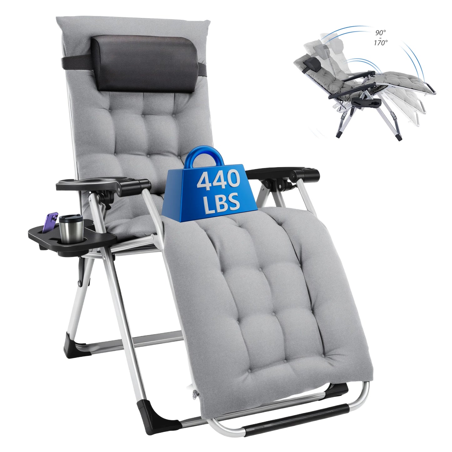 MCQ Zero Gravity Cushioned Lounge Chair Outdoor Folding Camping Padded with Cup Holder Cooler Bag Heavy Duty Chair for Garden