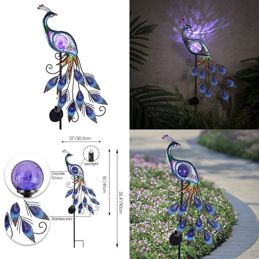 Yard Decorations Outdoor for Garden Decor, Peacock Solar Outdoor Lights, 35.4'' Metal Lawn Ornaments for Outside with Crackle G