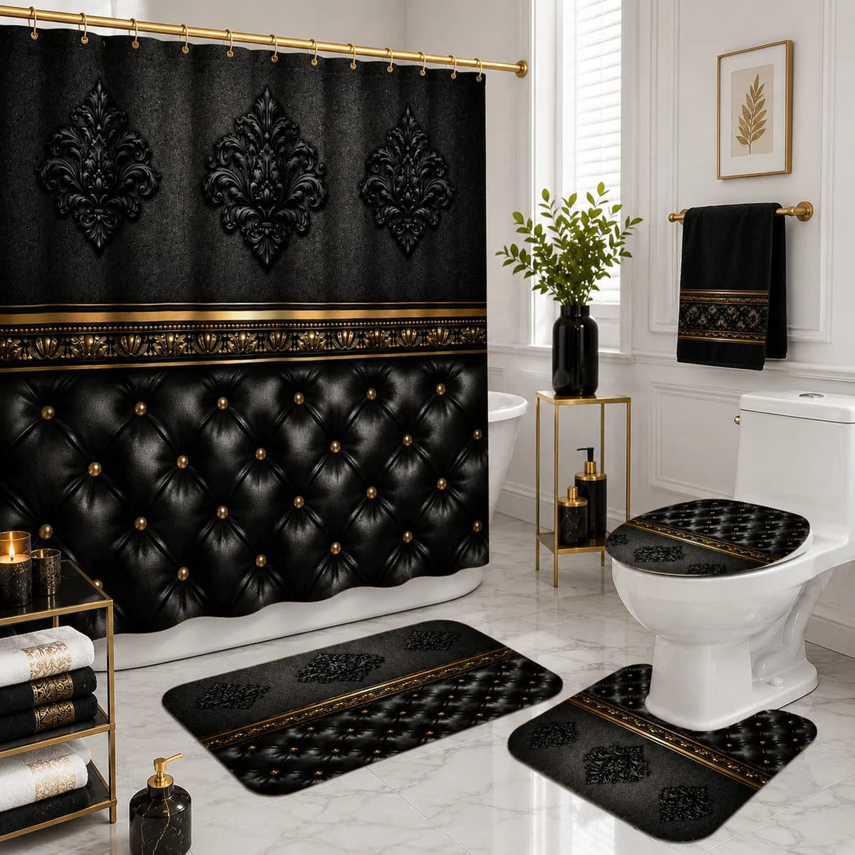 2D Flat, 2D Flat 4pcs Baroque Elegance Shower Curtain Set, Black and Golden Ornate Pattern Bathroom Decor, Accessories with Bath Mat, U - Shaped Mat, Toilet Lid Cover, Shower Curtain Includes Hooks, Luxury Home Aesthetic, Hom