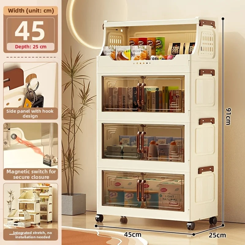 3/4-Tier Storage Cabinet with Wheels, Freestanding Kitchen Pantry Organizer with Flip Top & Transparent Doors, Plastic Rolling Storage Shelf for Snacks, Food and Home Organization