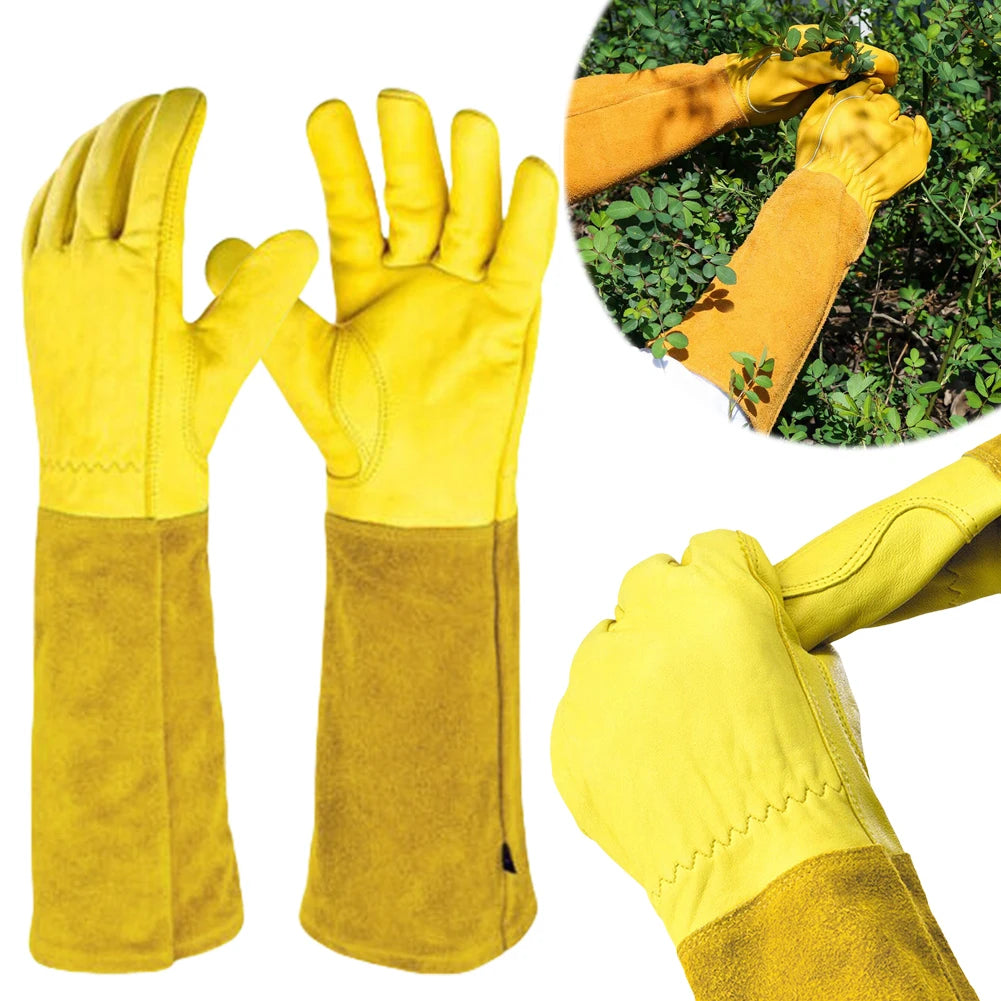1 Pair Long Thorn Proof Gardening Gloves Breathable Leather Working Mitten with Forearm Protection Garden Gloves for Women Men