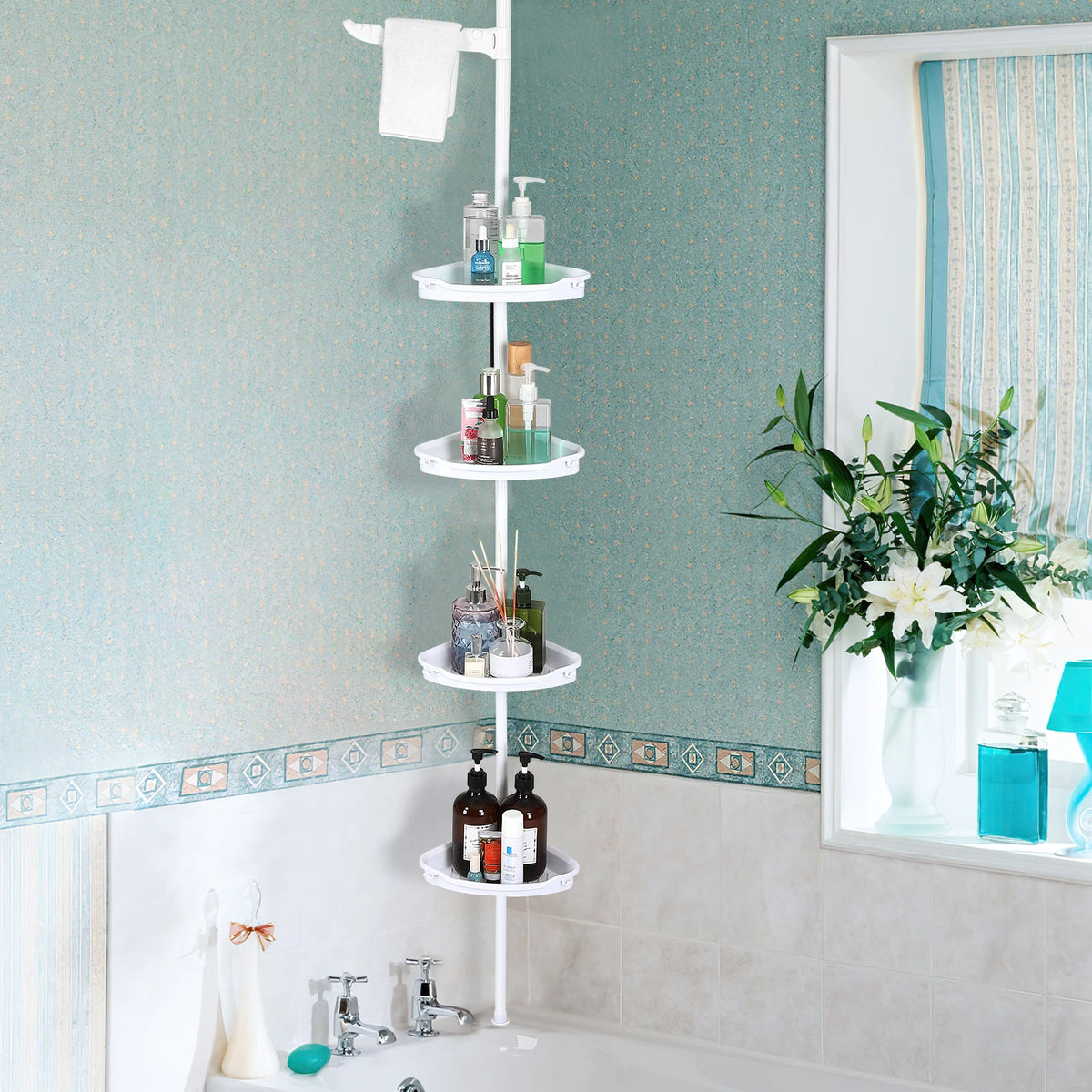 Corner Shower Caddy with Tension Pole 4-Tier Adjustable Shelves Bathroom Storage Organizer