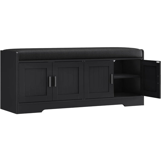 45" Storage Bench With Padded Cushion, 4 Door Hidden Shoe Cabinet, 2 Tier Entryway Bench For Hallway Living Room Bedroom