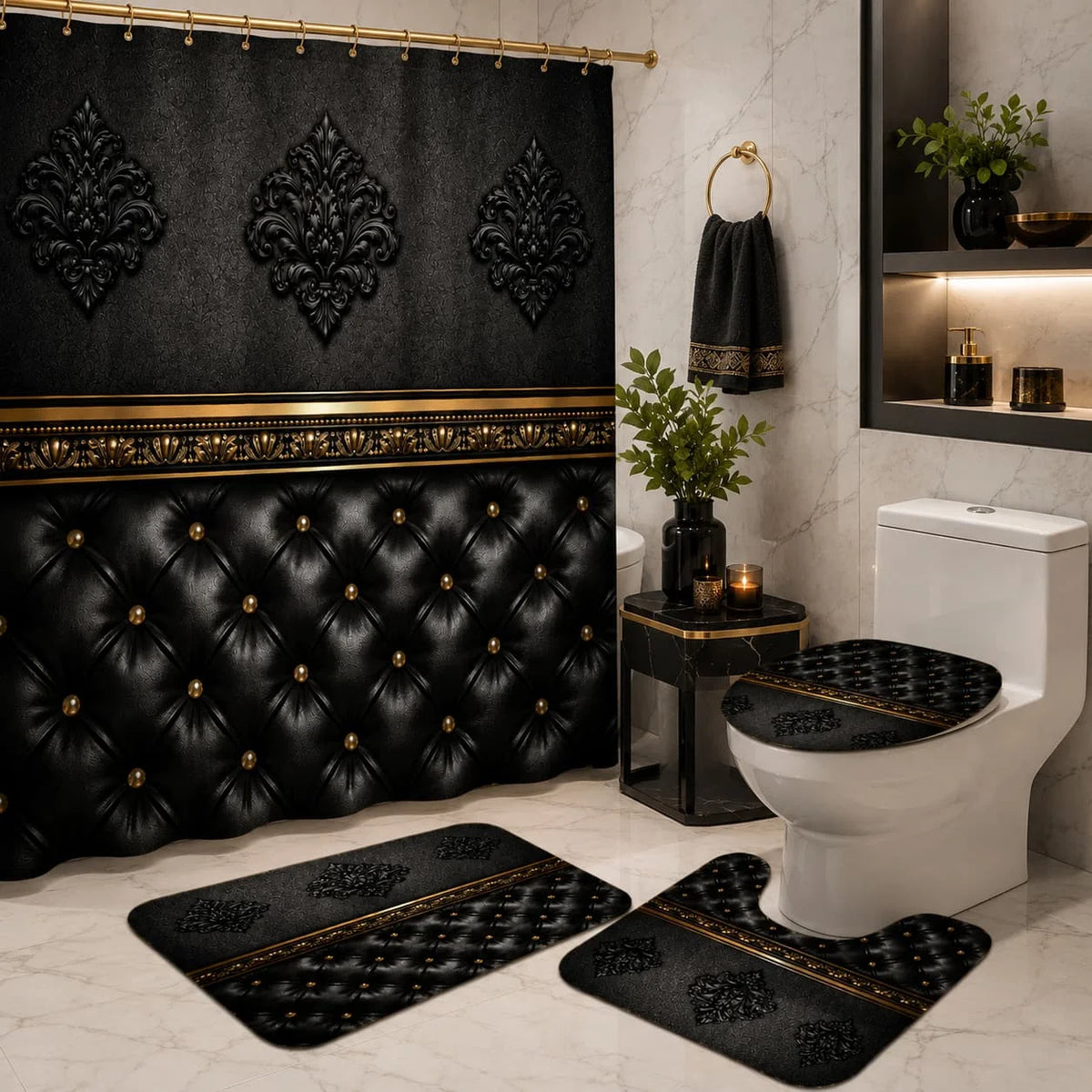 2D Flat, 2D Flat 4pcs Baroque Elegance Shower Curtain Set, Black and Golden Ornate Pattern Bathroom Decor, Accessories with Bath Mat, U - Shaped Mat, Toilet Lid Cover, Shower Curtain Includes Hooks, Luxury Home Aesthetic, Hom