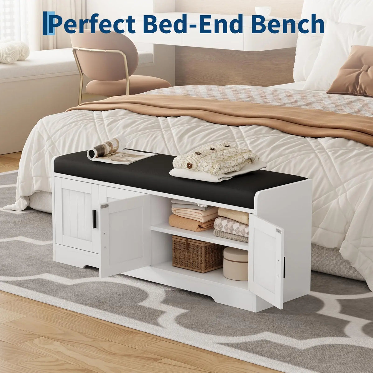 45" Storage Bench With Padded Cushion, 4 Door Hidden Shoe Cabinet, 2 Tier Entryway Bench For Hallway Living Room Bedroom
