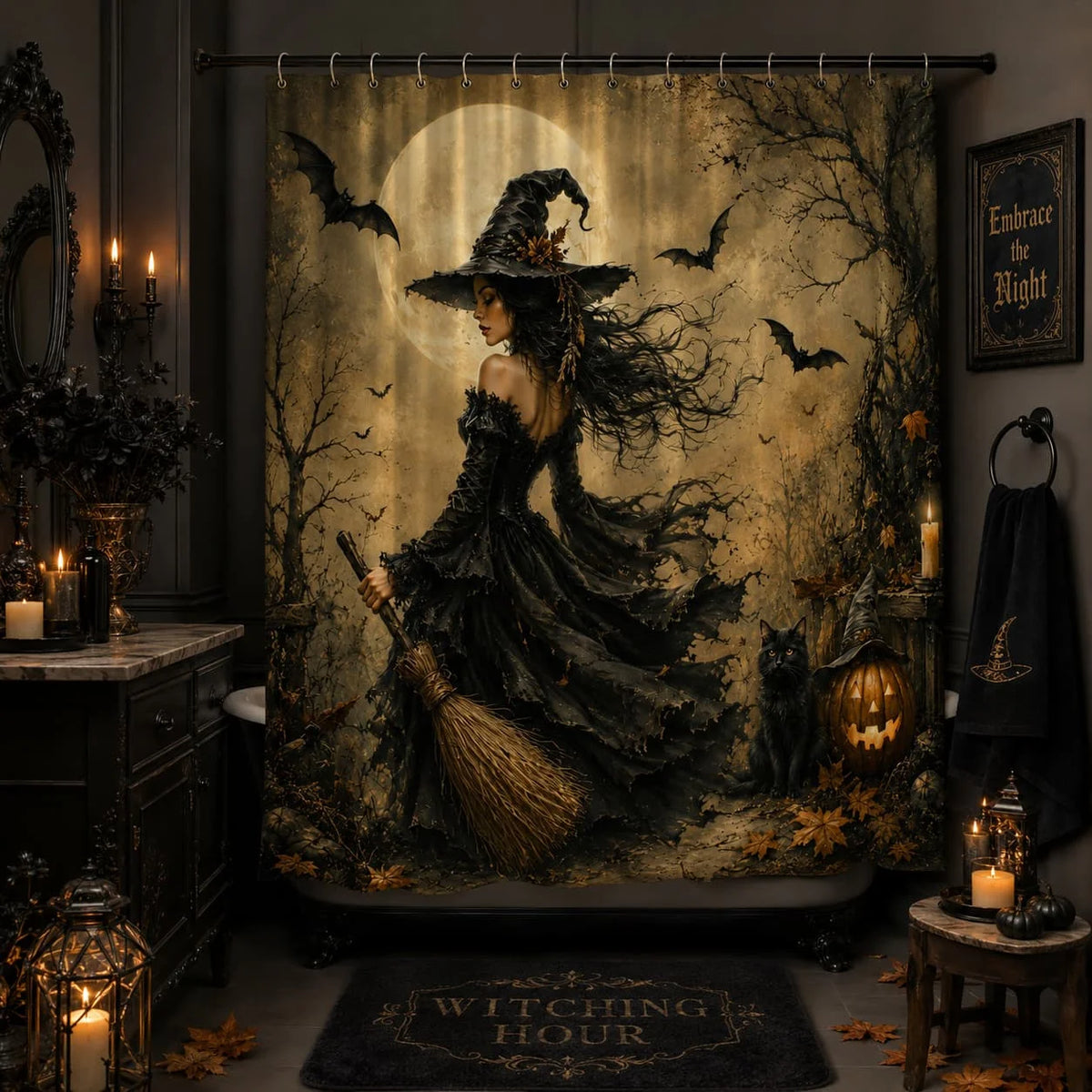 1pc Halloween Witch Themed Shower Curtain Black Cat Broomstick Moonlight And Bats Spooky Bathroom Decor Polyester Fabric Bath Hanging Curtain 70.8X70.8 Inch with Hooks