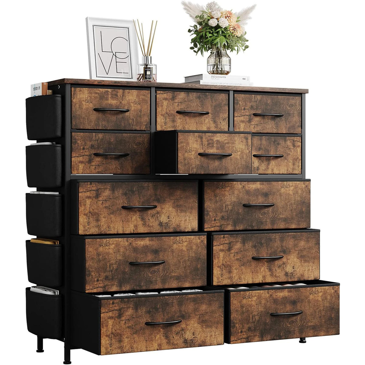 12-Drawer Dresser for Bedroom, Fabric Chest of Drawers with Side Pockets, Storage Organizer for Closet, Living Room, Hallway, Bedroom Storage Cabinet, Multi-Use Furniture