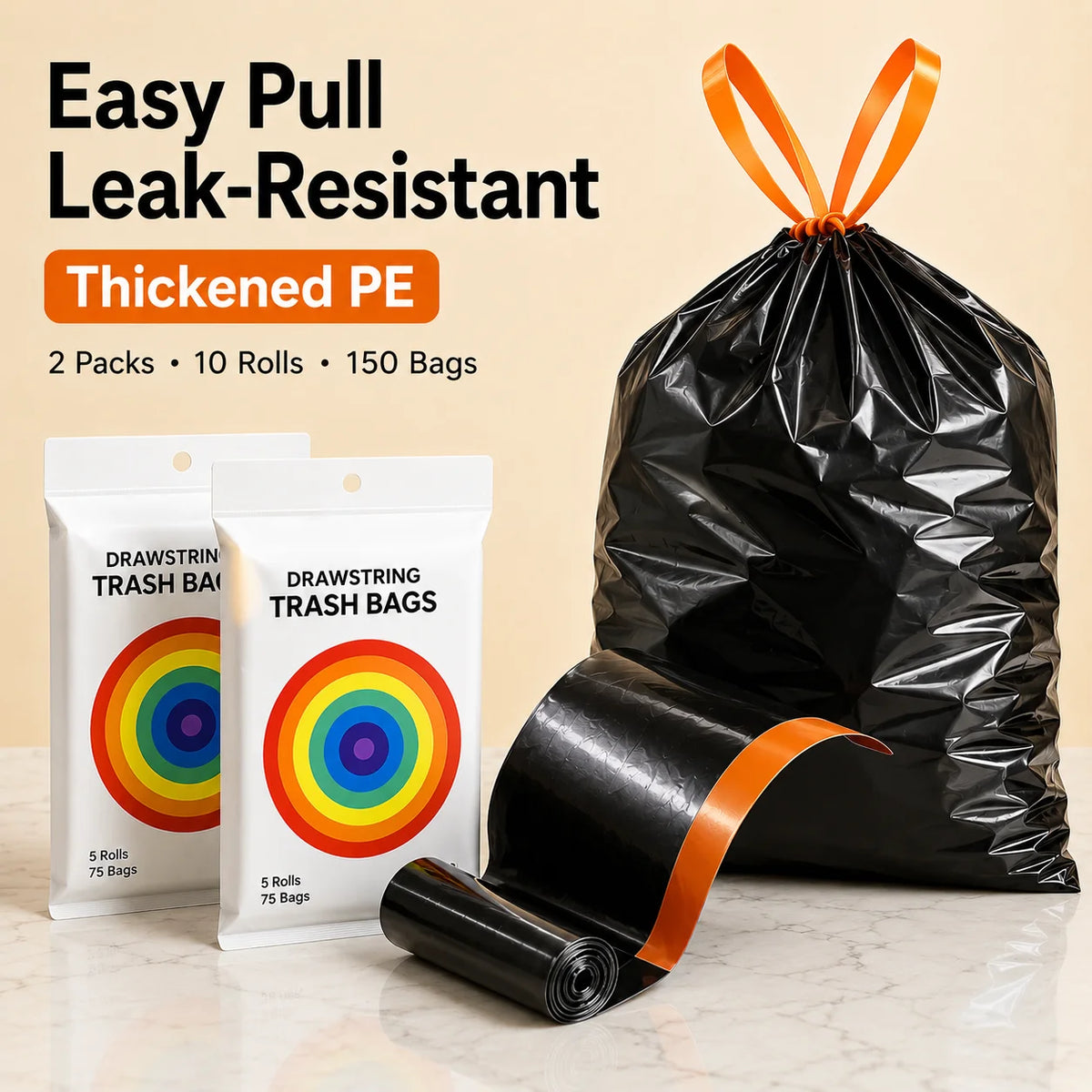Joybos Easy Pull Drawstring Trash Bags, 2 Packs 150 Count