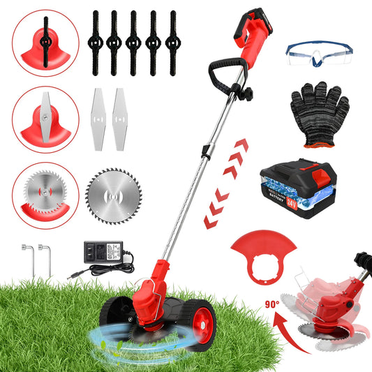 21V Cordless Weed Wacker Electric Grass Trimmer 3-in-1 Brush with Wheels 24V Lithium-ion Edger and Trimmer for Lawn and Garden
