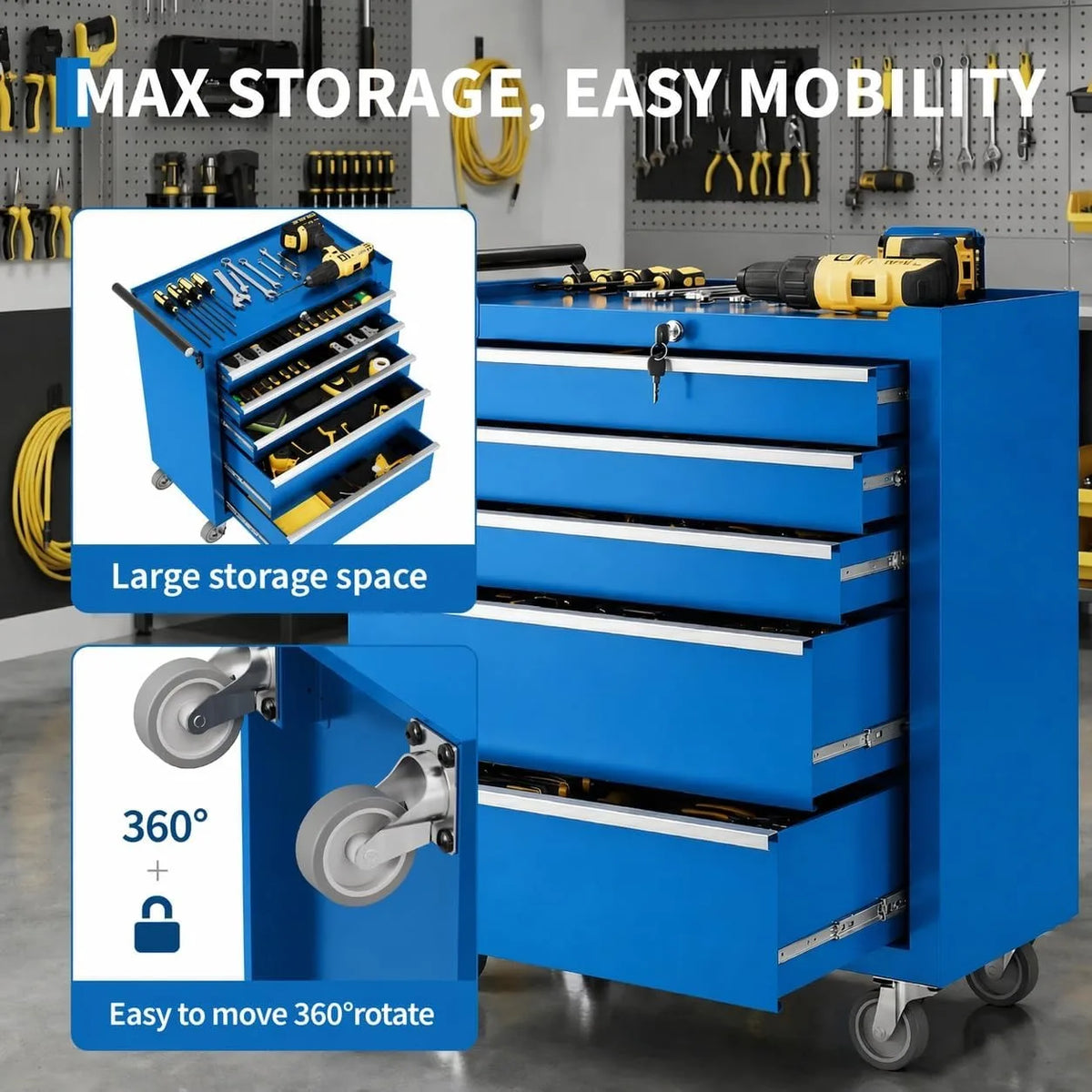 5 Drawer Rolling Tool Chest with Locking Tool Cabinet Cart, Portable Metal Tool Storage Organizer with Wheels for Garage Workshop Repair and DIY Projects