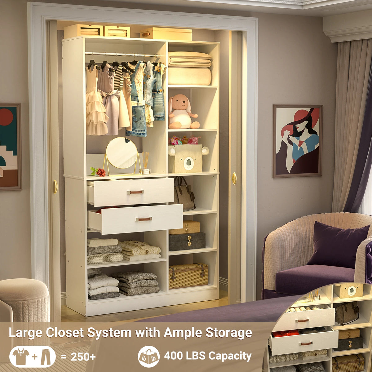 40 Inches Freestanding Closet System with 10 Shelves, 80'' Height Adjustable Cloth Garment Rack with 2 Wood Drawers