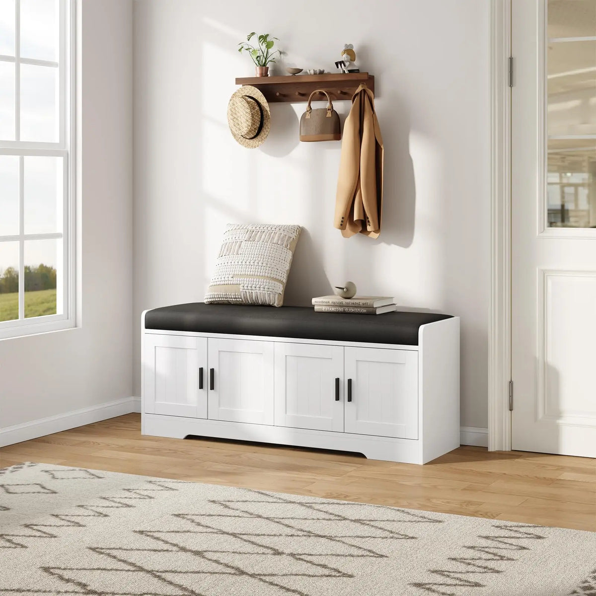 45" Storage Bench With Padded Cushion, 4 Door Hidden Shoe Cabinet, 2 Tier Entryway Bench For Hallway Living Room Bedroom