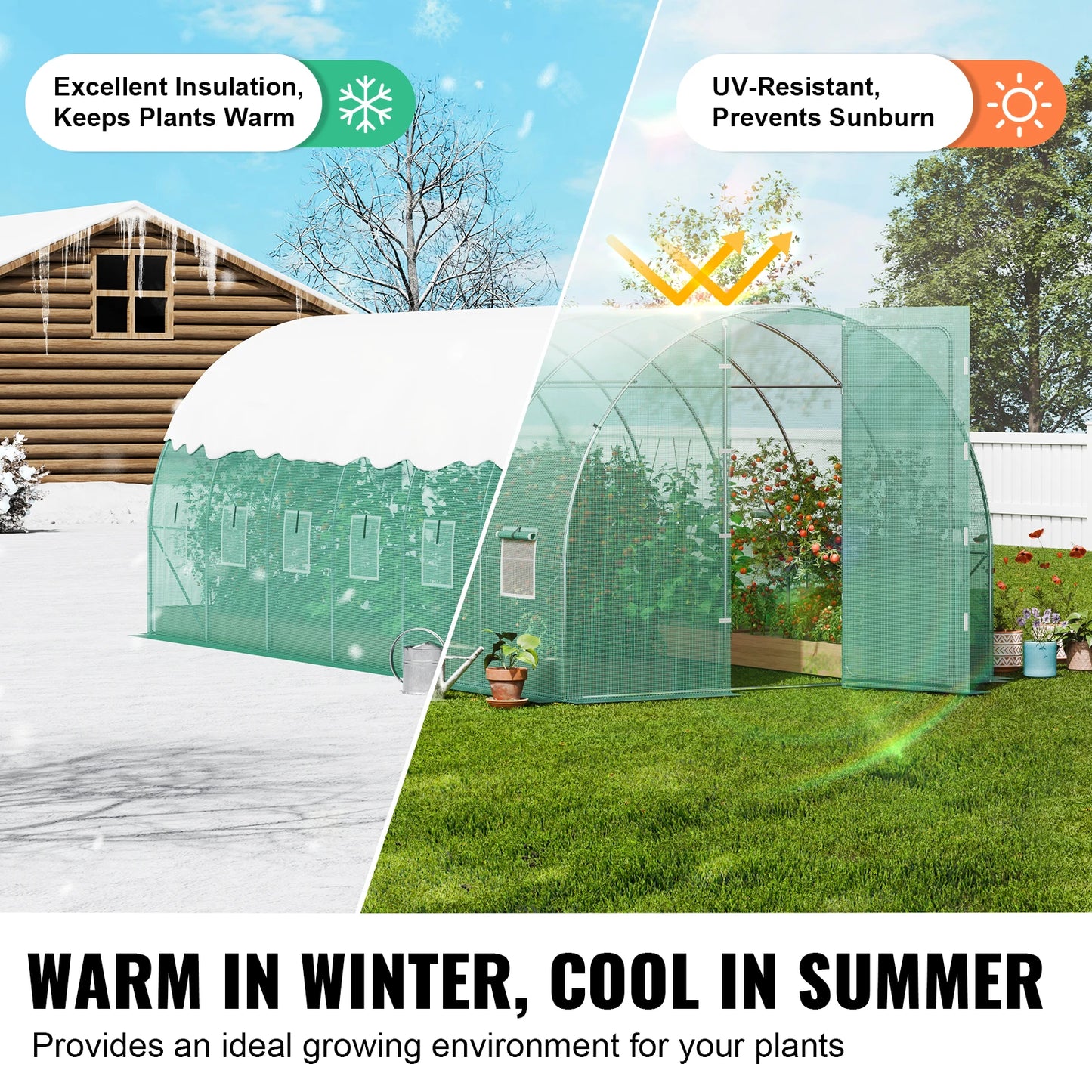 SucceBuy Walk-in Tunnel Greenhouse Hoop House Greenhouse Tunnel Plant House with Galvanized Steel Frame Swing Door for Outdoor