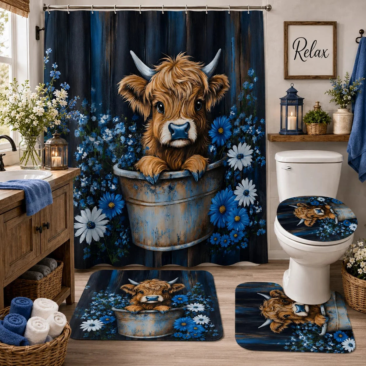 4pcs Highland Cow Scottish Cow Bathroom Set - Blue Flower & Rustic Farmhouse Shower Curtain with Includes 12 hooks, shower curtain, bath mat, U-shaped rug, and toilet lid cover