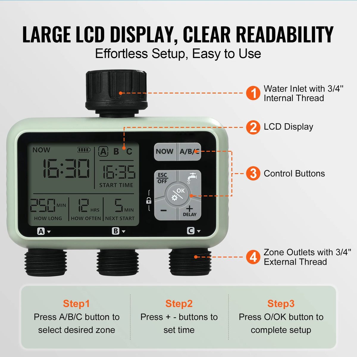 SucceBuy Water Timer 3 Outlets Hose 3 Independent Watering Zone LCD Display Rain Delay Mode Manual Mode Watering Sprinkler Timer