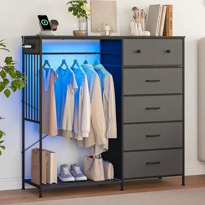 Adult Bedroom Wardrobe 6 Drawers LED Lighting Charging Station Sturdy Iron Frame Wooden Surface Clothes Wardrobe