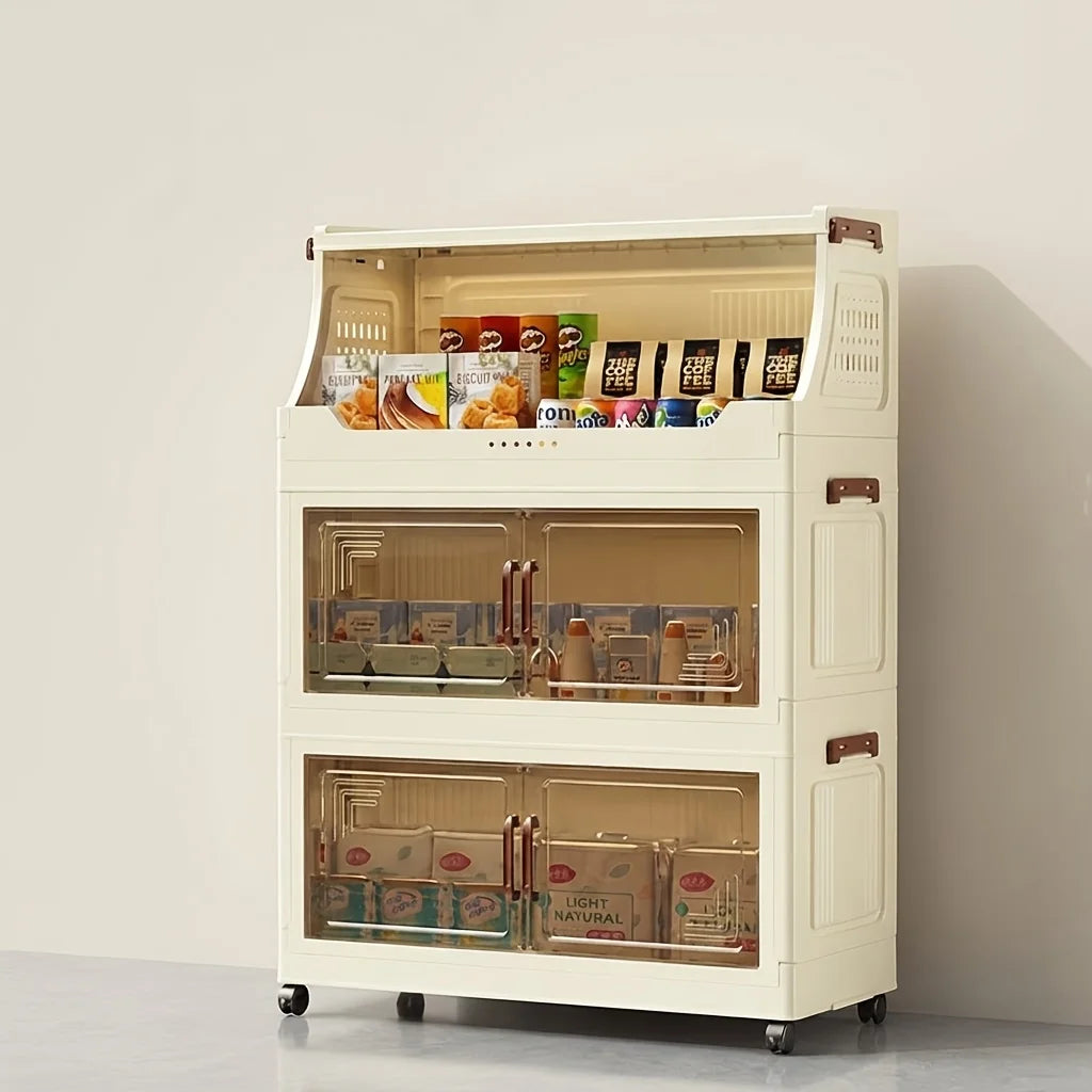 3/4-Tier Storage Cabinet with Wheels, Freestanding Kitchen Pantry Organizer with Flip Top & Transparent Doors, Plastic Rolling Storage Shelf for Snacks, Food and Home Organization