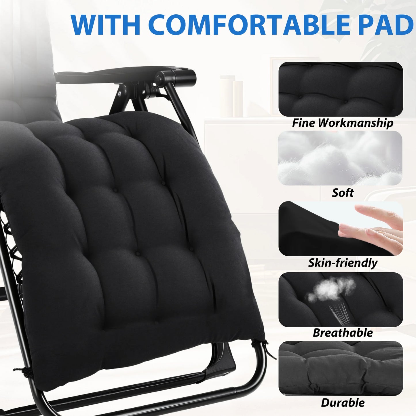 MCQ Zero Gravity Cushioned Lounge Chair Outdoor Folding Camping Padded with Cup Holder Cooler Bag Heavy Duty Chair for Garden