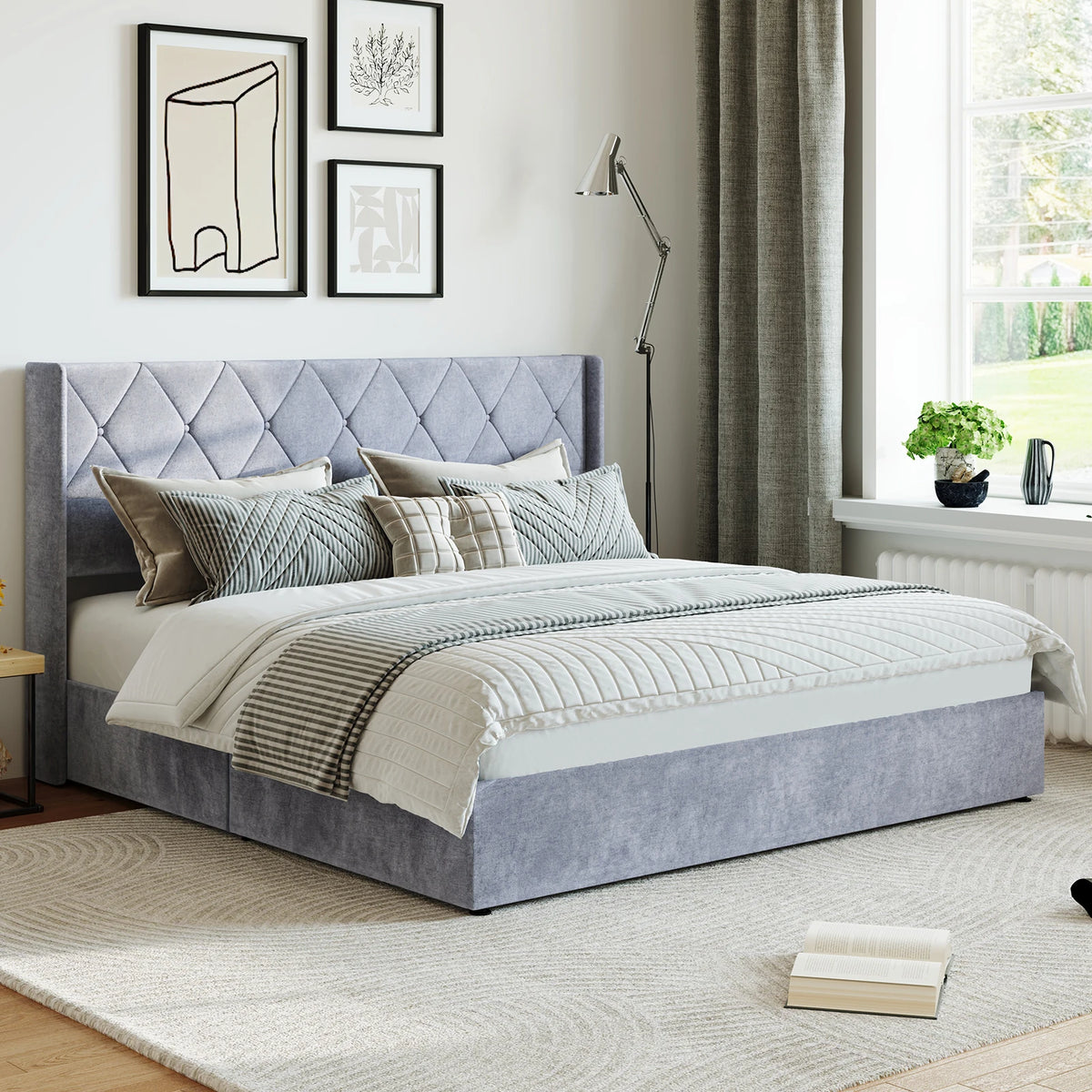 JHK Lift Up Storage Bed Modern Upholstered Platform Bed Frame with Wingback Headboard Hydraulic Lift Storage No Box Spring Needed Easy Assembly For Bedroom