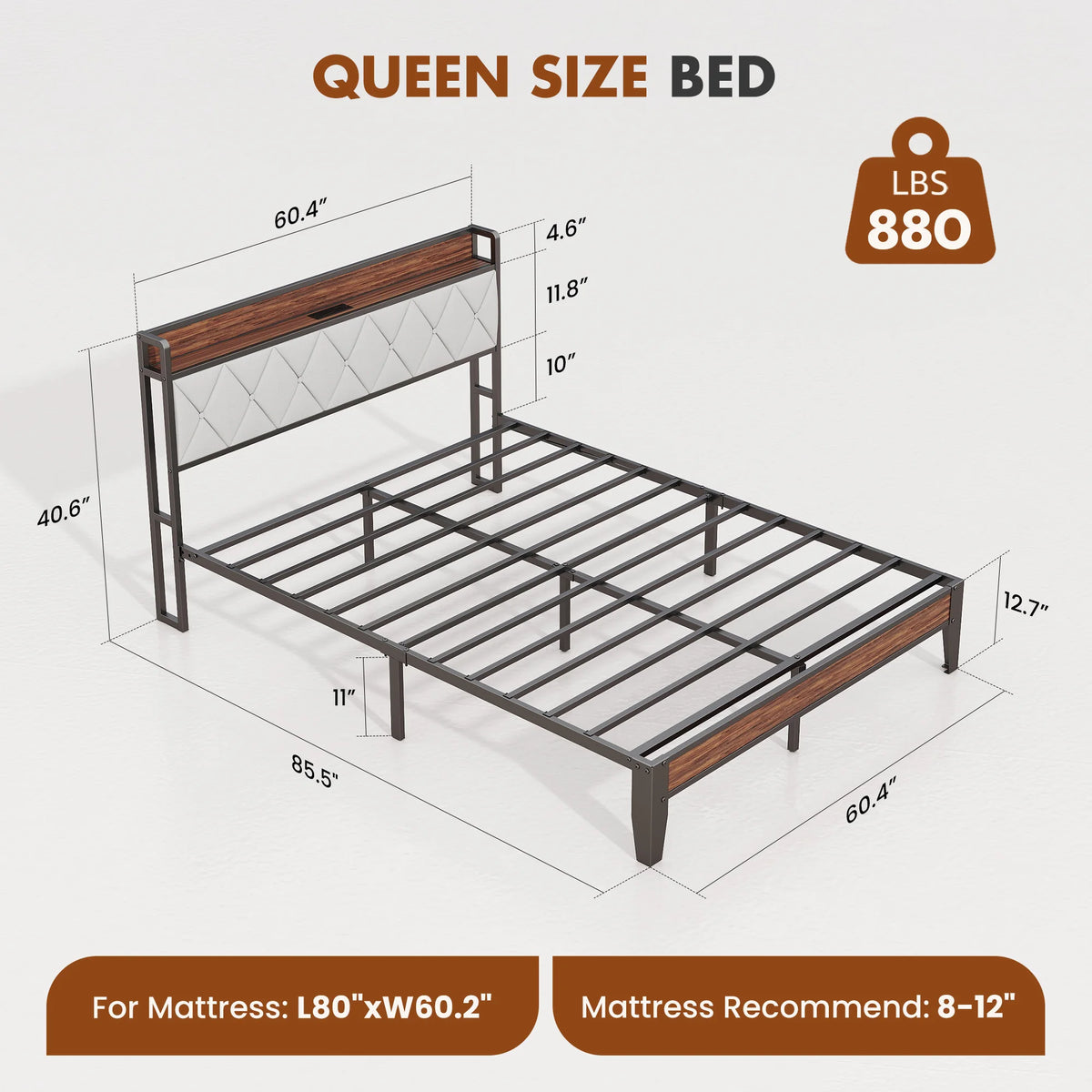 JHK King Size Soft Pack Heavy Duty Metal Bed Frame with Headboard Charging Station 1100lbs Capacity Easy Assembly For Bedroom