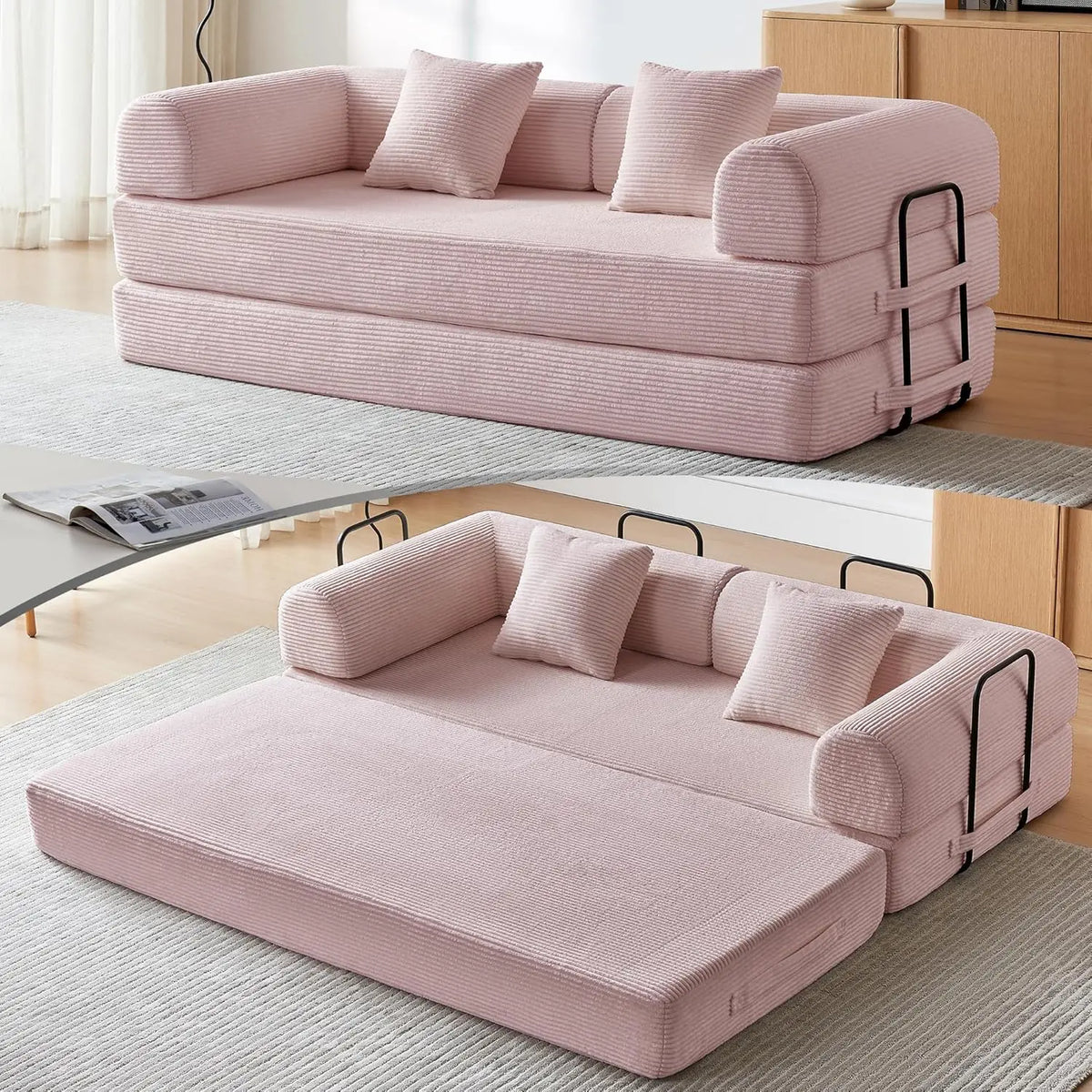 Sofa Bed, Corduroy Sleeper Sofa Bed with Fixed Frame, Floor Sofa Lounge with Pillow, Convertible Folding Mattress, Customized