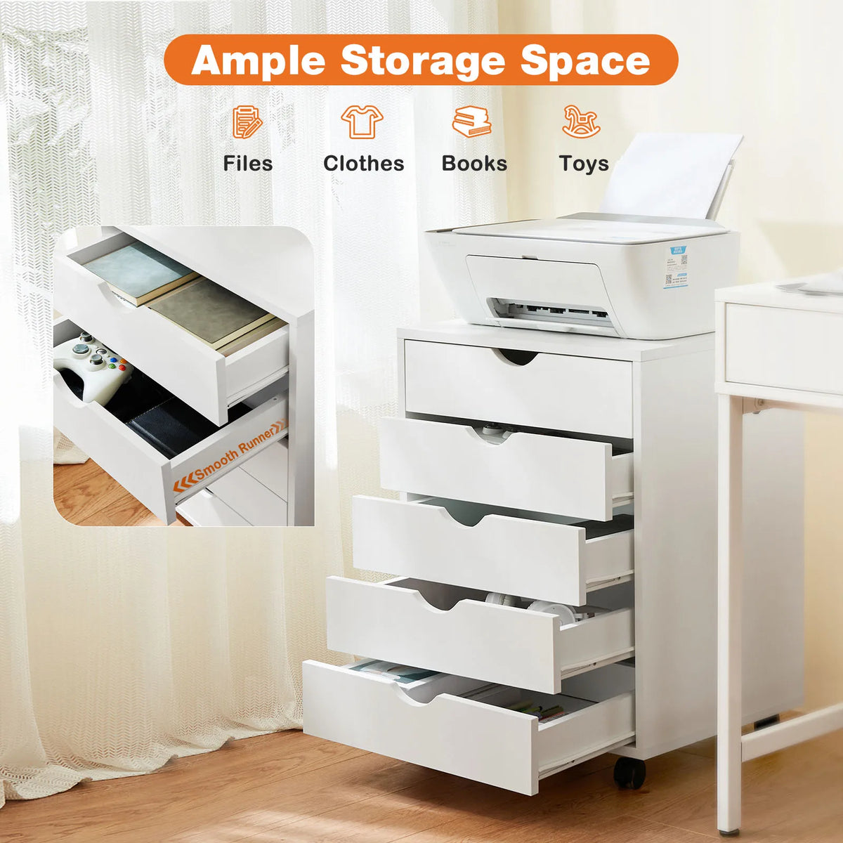 JHK Wood Nightstand Cabinet 5 Drawers Waterproof Surface Storage Organizer File Office Easy To Move Bedside Table Rotating Wheel