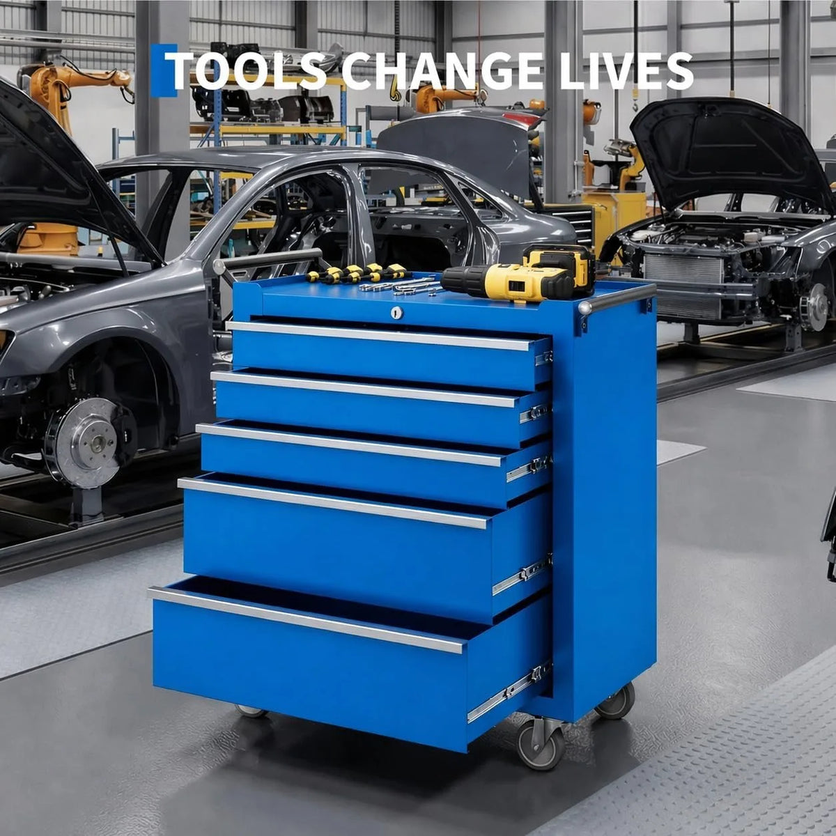 5 Drawer Rolling Tool Chest with Locking Tool Cabinet Cart, Portable Metal Tool Storage Organizer with Wheels for Garage Workshop Repair and DIY Projects