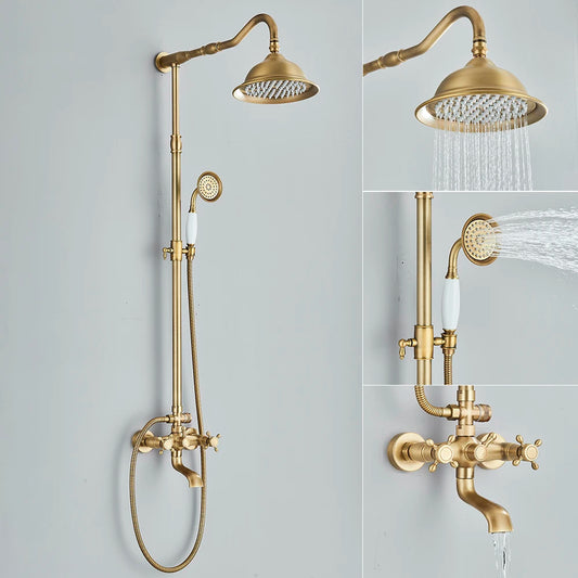 Antique Brass Shower Faucet Set Rainfall Head Shower with Handshower Wall Mount Dual Handle Mixer Bathroom Shower System