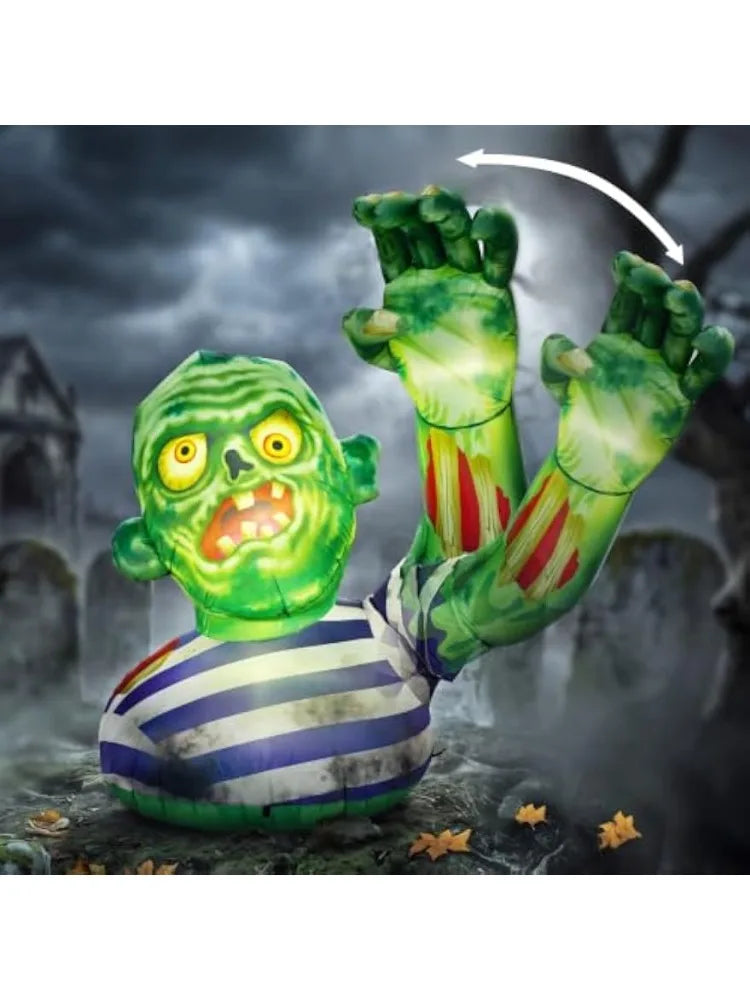 5.5FT Halloween Inflatable Zombie Decoration with Waving Raised Hand & Built-in LED Lights, Blow Up Zombie for Outdoor Yard Lawn Garden Indoor Porch Patio Home, Spooky Halloween Inflatable Decor