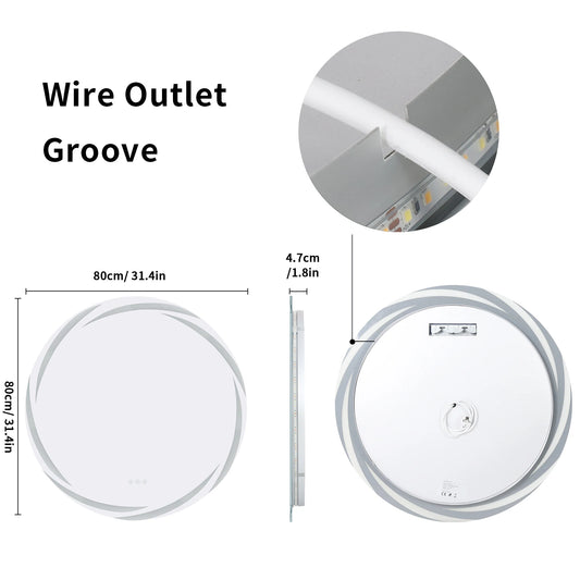 Anti-fog LED Bathroom Mirror Circle Backlit HD Wall Mounted Vanity Mirror Shatterproof 3 Colors Lights Adjust
